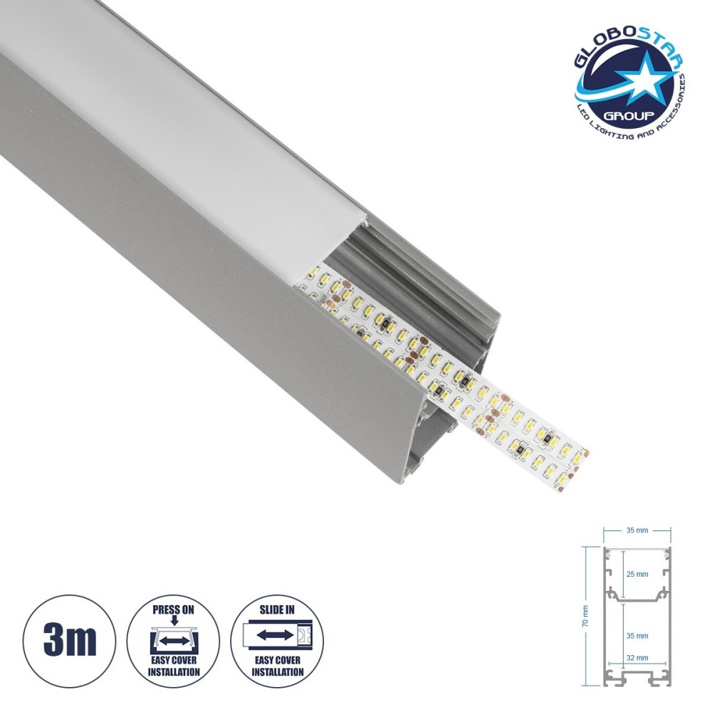 GLOBOSTAR® ALP-LINEAR LUMILINE 61765-3M Επιφανειακό - Κρεμαστό - Επιτοίχιο Προφίλ Αλουμινίου με Λευκό Γαλακτερό Πατητό Κάλυμμα για Ταινίες LED IP20 - Γκρι Ανθρακί Ματ - Μ300 x Π3.5 x Υ7cm